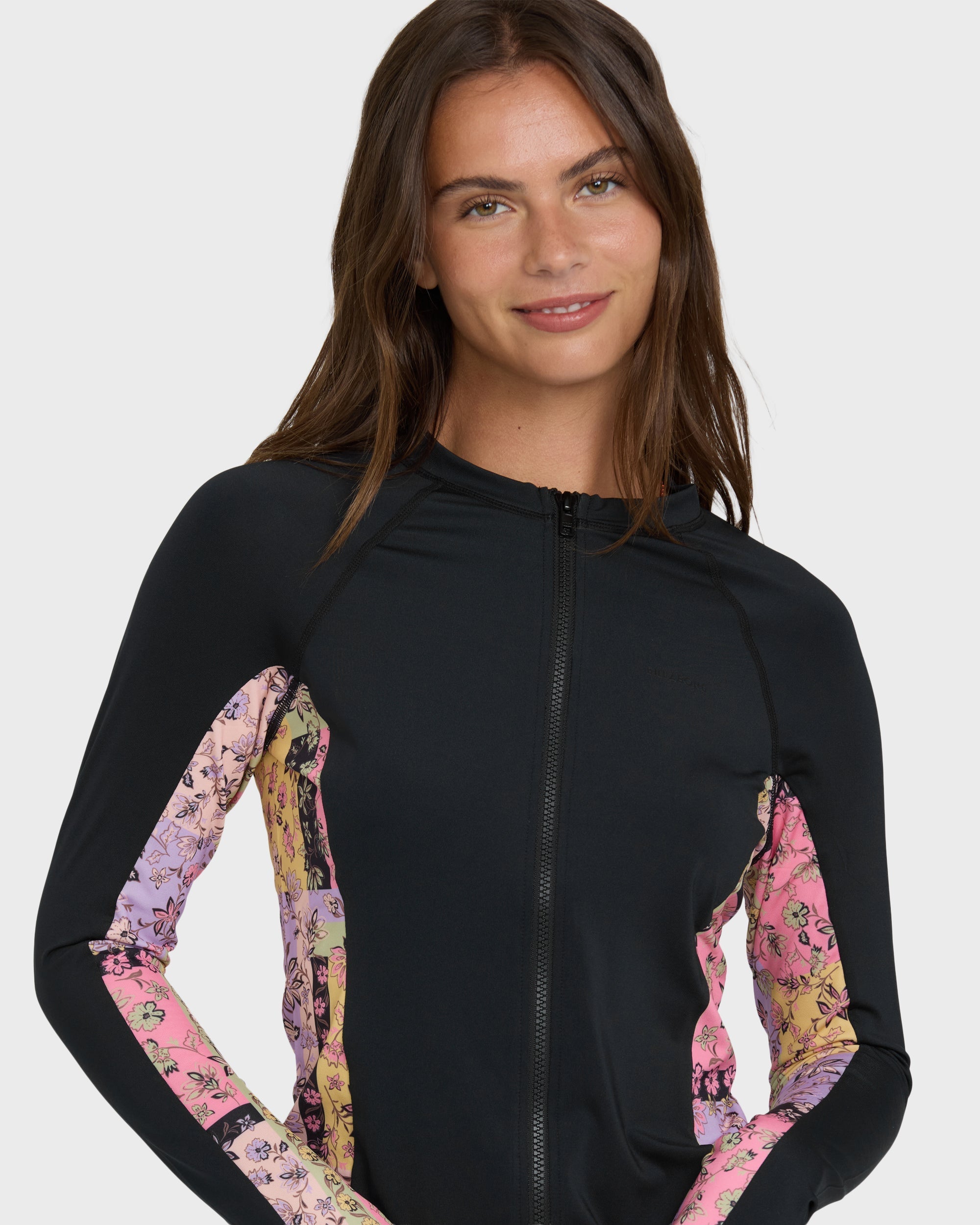 Dreamy Daze Zip Front UPF 50 Long Sleeve Rashguard - Black Pebble